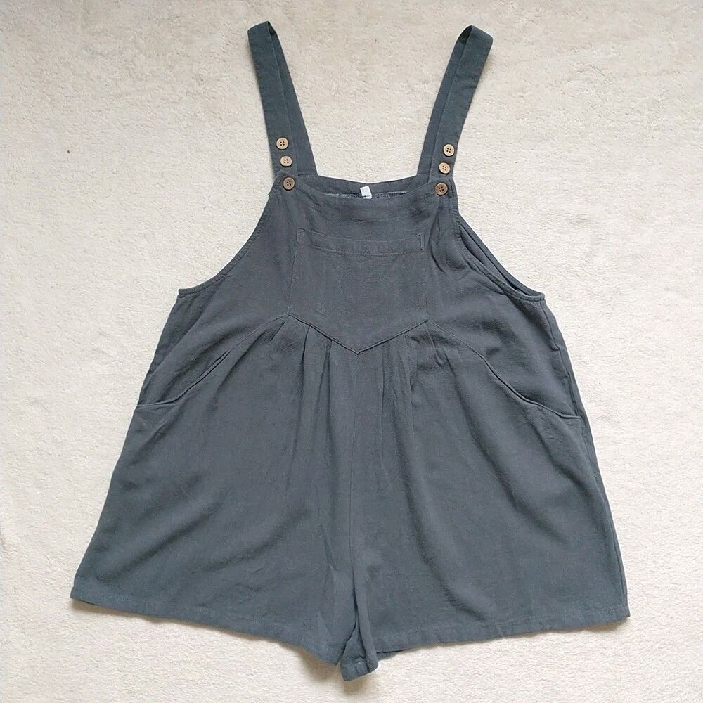 Shortalls Romper Bib Womens M Gray Linen Blend Wide Leg Pockets Lagenlook Boho